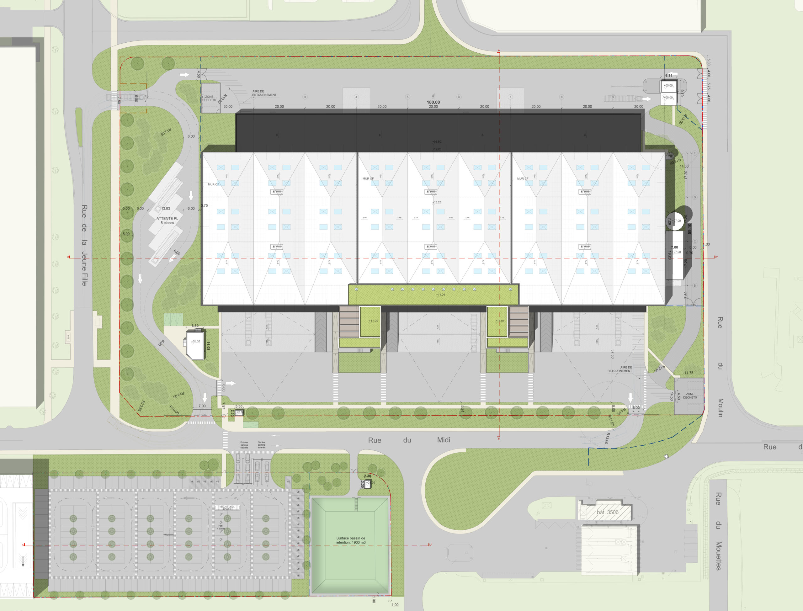 Plan de masse du bâtiment de bureaux et logistique ADP MIDI pour Kuehne + Nagel à Tremblay-en-France