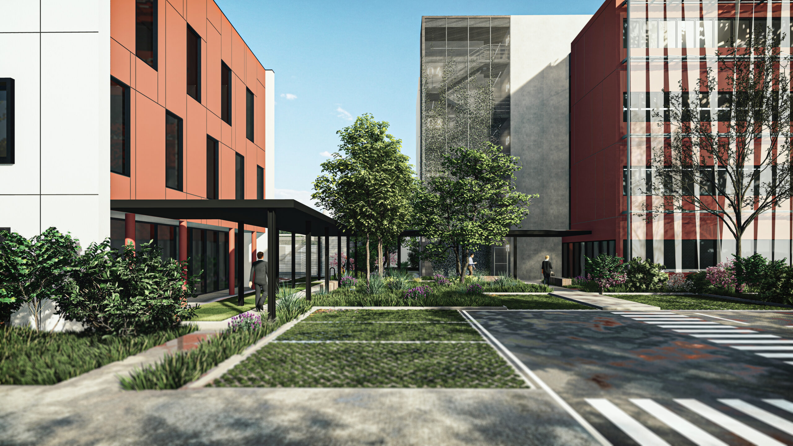 Perspective du projet d’extension d’Axel’One à Saint-Fons (69) - vue sur la l'entrée des bureaux et laboratoires 2
