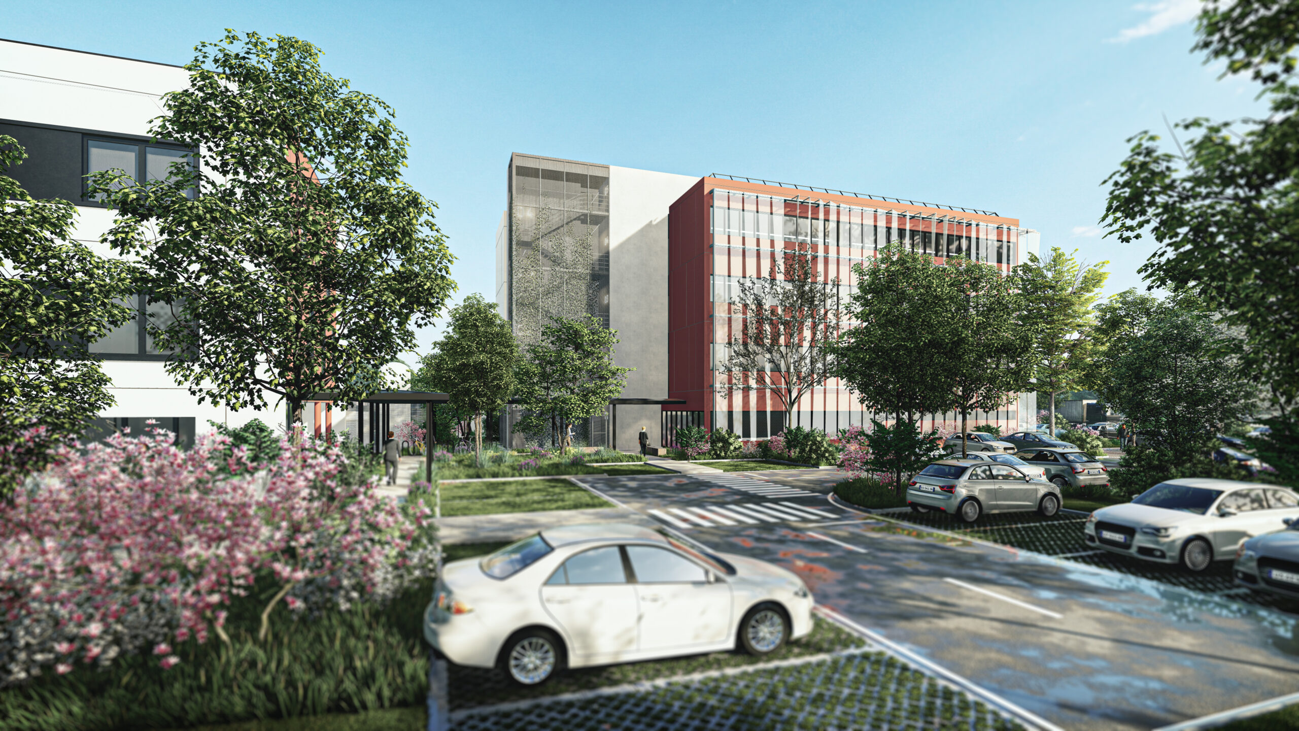 Perspective du projet d’extension d’Axel’One à Saint-Fons (69) - vue sur la l'entrée des bureaux et laboratoires